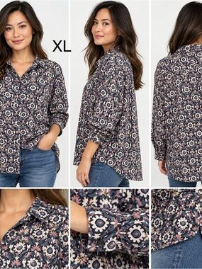 Xirena Tesse Top "Gray Bird" Floral Relaxed Button Front Silhouette Oversized